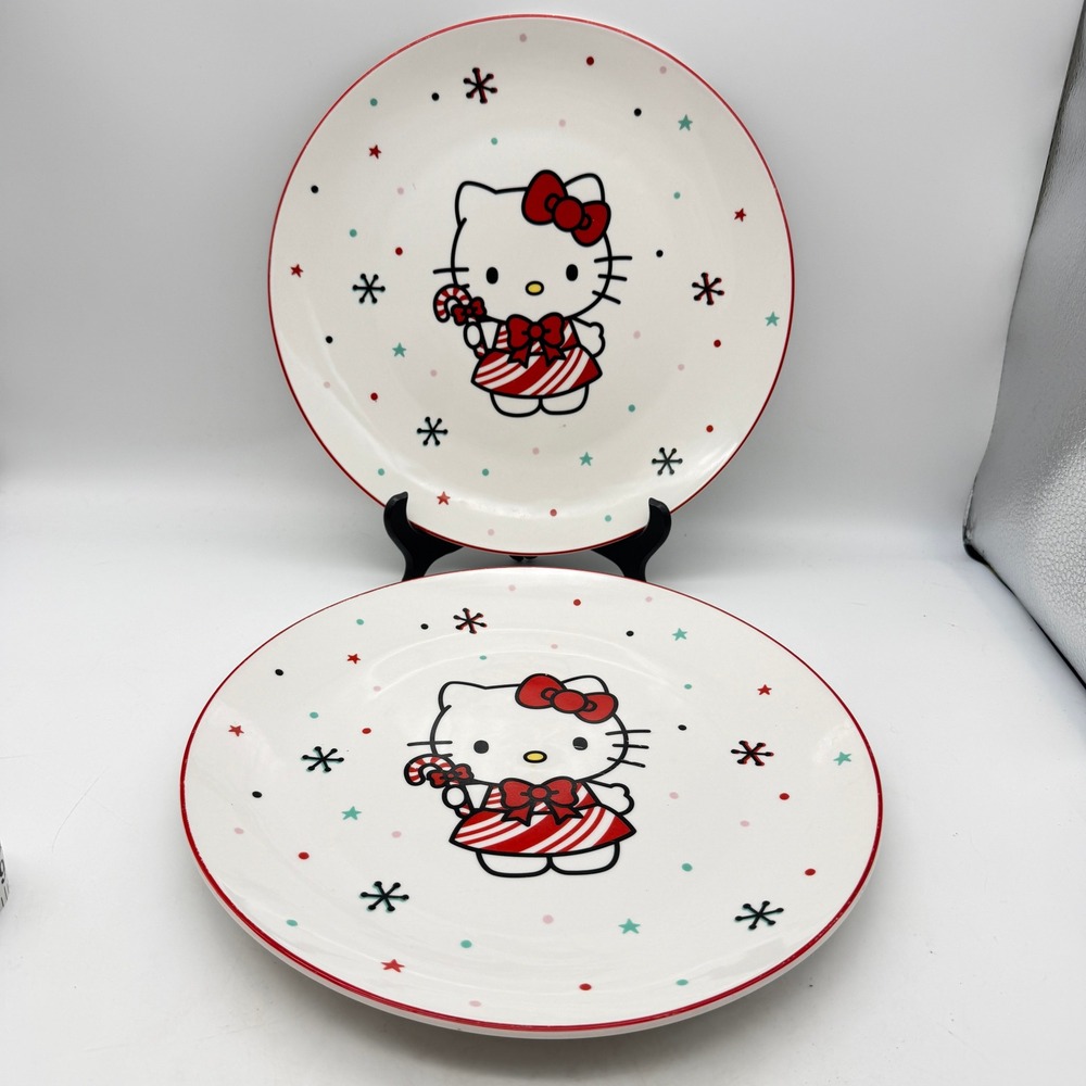 Hello Kitty Christmas Ceramic dinner Plates Silver Buffalo Sanrio Holiday 10.5"